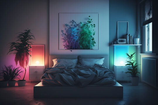 Bedroom with a painting over it and RGB side lamps created with Generative AI