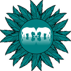 Abstrakte Elefanten Silhouette mit Spiegelung und kreisförmigen Blättern	
