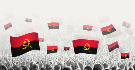Abstract crowd with flag of Angola. Peoples protest, revolution, strike and demonstration with flag of Angola. - obrazy, fototapety, plakaty