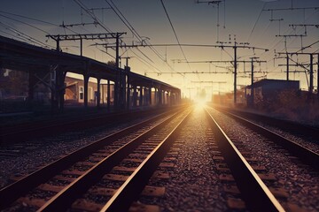 Fototapeta na wymiar train rails in the sun and electric poles. Generative AI
