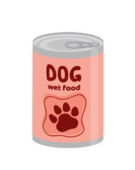 Dog wet food. Canned wet food. Preserve tin, can. Cartoon, flat, vector