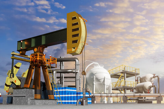 Oil field. Petrochemical industrial equipment. Pump for oil under blue sky. High pressure tanks at field. Oil industry. Landscape mining hydrocarbons. Petrochemical deposit at sunset. 3d image