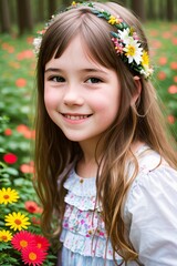AI Capturing Joy: A Stunning Portrait of a Smiling Girl amidst a Flourishing Floral Forest