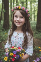 AI Capturing Joy: A Stunning Portrait of a Smiling Girl amidst a Flourishing Floral Forest