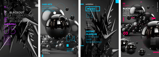 Plakat Black abstract surreal 3d shapes. Set of vector illustrations. Typography design and vectorized 3D illustrations on the background.