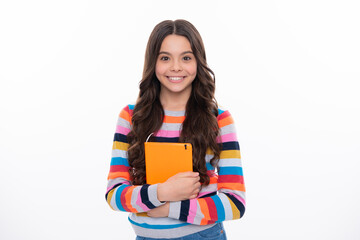 Teenage school girl with books. Schoolgirl student. Happy girl face, positive and smiling emotions.