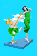 Fototapeta Vertical collage image of excited mini black white colors girl jump dance big alcohol cocktail glass isolated on blue background obraz