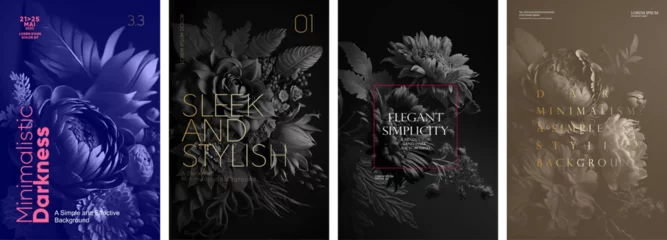 Fotobehang Black floral backgrounds. Dark tones. Set of vector illustrations. Typography design and vectorized 3D illustrations on the background. © Molibdenis-Studio