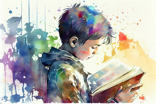 Watercolor Illustration of a Abstract Art. Colorful Painting Art Of A Boy Exploring The Mystery Of A Book. Memory Or Emotion Concept. Generative AI