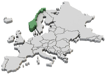 Europe map 3d render isolated with green Norway a European country