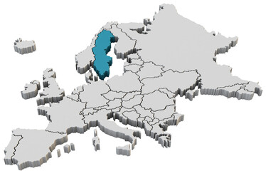 Europe map 3d render isolated with blue Sweden a European country