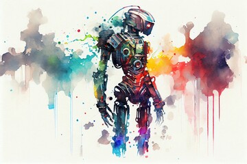 Obraz na płótnie Canvas Watercolor Illustration of a Abstract Furistic Ai Android Robot, Humanoid Technology Concept. Generative AI