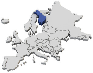Europe map 3d render isolated with blue Finland a European country