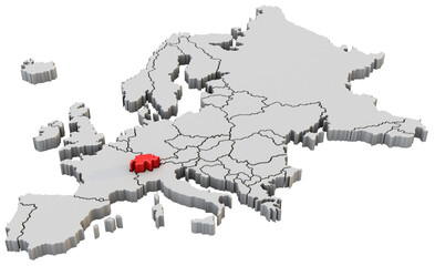 Europe map 3d render isolated with red Swiss a European country