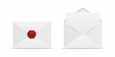 Vector Realistic White Closed Envelope with Red Wax Seal and Opened Envelope with Letter Inside. Folded and Unfolded White Envelope Icon Set Isolated. Message, Alert, Surprise, Secret Concept