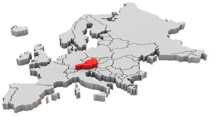 Europe map 3d render isolated with red Austria a European country