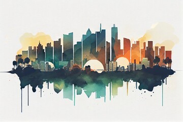 Obraz premium Watercolor Illustration of a Cityscape Minimalistic Flat Design Landscape Illustration. Image For A Wallpaper, Background, Postcard Or Poster. Generative AI