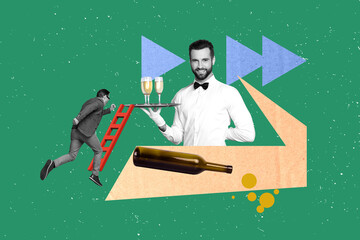 Fototapeta Creative collage picture of elegant waiter hold champagne glass tray mini black white colors man running climb ladder big alcohol bottle obraz