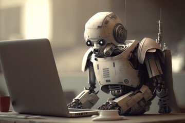 Robot answering questions on a laptop, sci-fi, ai art illustration. Generative ai