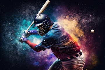 Baseball player striking ball in galaxy universe background. Generative ai
