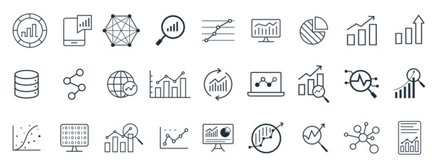 Set of Data Analysis, big data, Graphs, statistics, analytics, growth, chart, and research vector line icon.