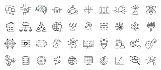 Big Data analysis, data engineering, and data science technology vector icon set.