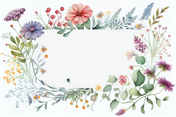 Watercolor Illustration of a Flower Wildflower Border Arrangement Paper Greeting Card Poster Background Text Copy Floral Frame Table Top View. Generative AI