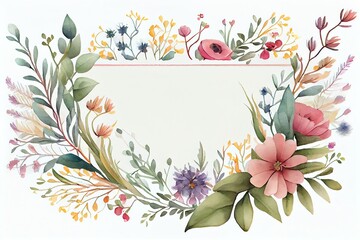 Watercolor Illustration of a Flower Wildflower Border Arrangement Paper Greeting Card Poster Background Text Copy Floral Frame Table Top View. Generative AI