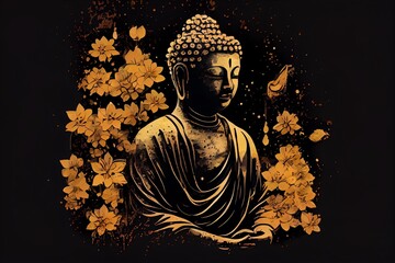 Watercolor Illustration of a Golden Buddha Statue With Flower, Dark Simple Background, Dark Background, Simple Illustration Digital Design Art Style. Generative AI