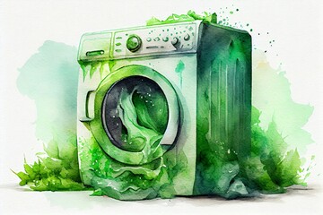 Watercolor Illustration of a Greenwashing Or Green Sheen Concept With Washing Machine. Generative AI - obrazy, fototapety, plakaty