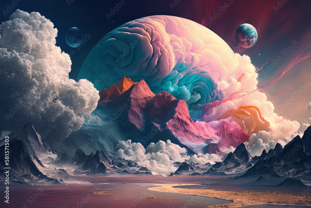 Poster World within worlds - moon as a portal rift to another dimension in time and space with turbulent ocean waves and surreal clouds. Fantasy unreal sci-fi seascape - Generative AI