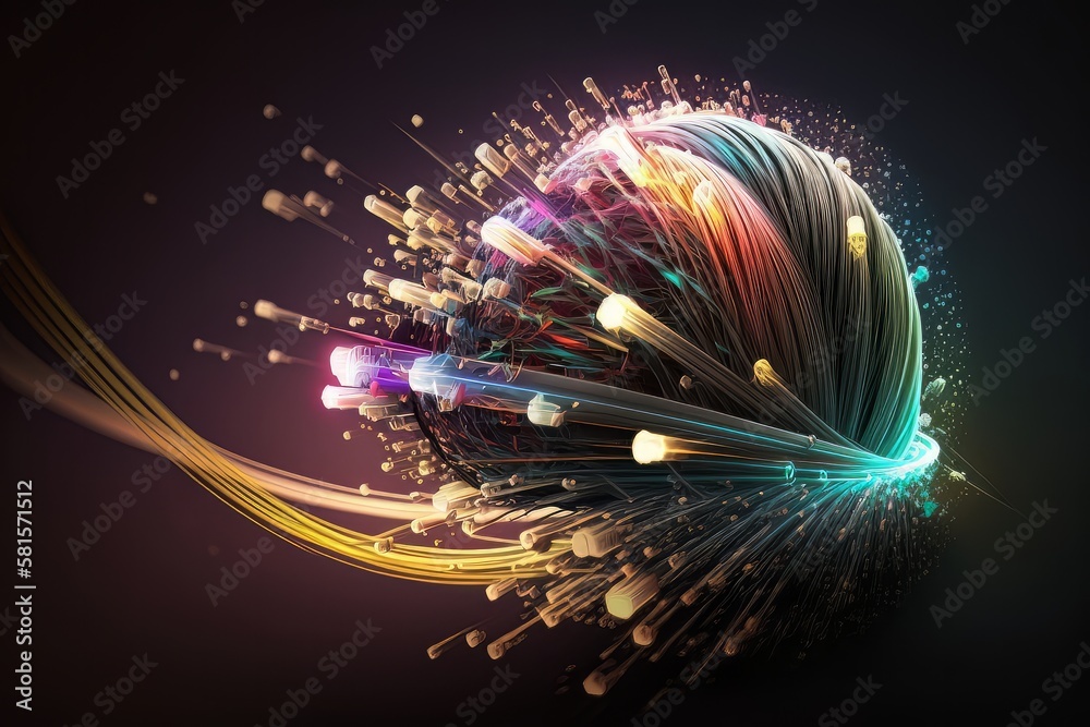 Aufkleber A bundle of thin translucent fibers glowing with data signals in vibrant colors. Generative ai