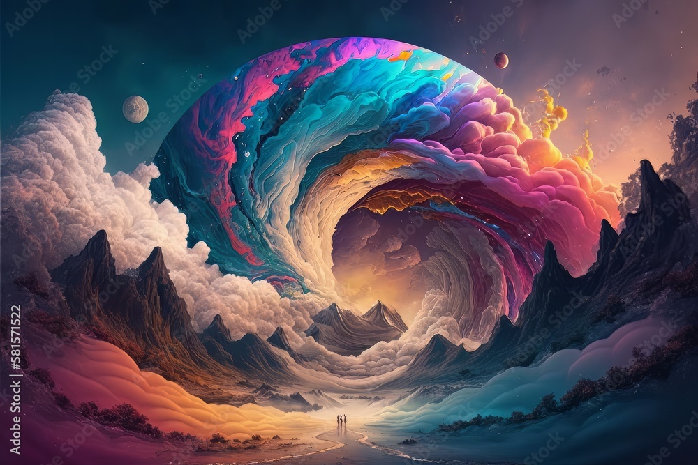 Poster World within worlds - moon as a portal rift to another dimension in time and space with turbulent ocean waves and surreal clouds. Fantasy unreal sci-fi seascape - Generative AI