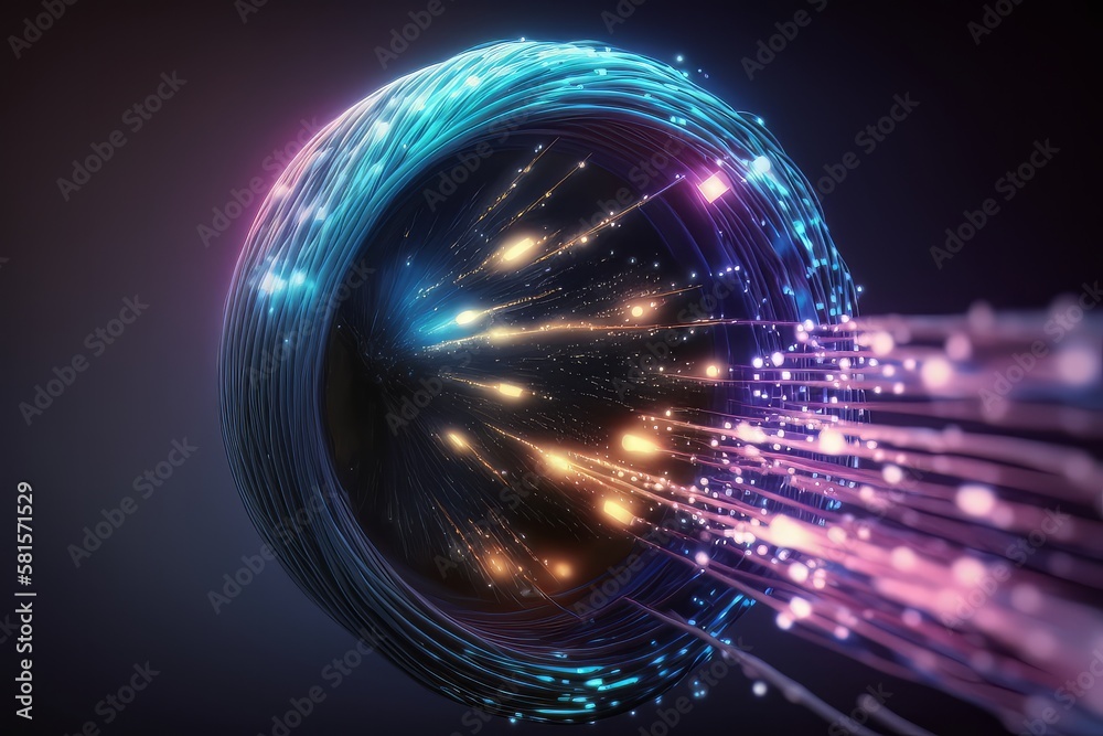 Poster A bundle of thin translucent fibers glowing with data signals in vibrant colors. Generative ai