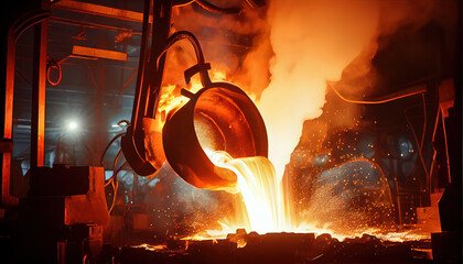 Liquid steel is poured from a metallurgical ladle, ai generated - obrazy, fototapety, plakaty