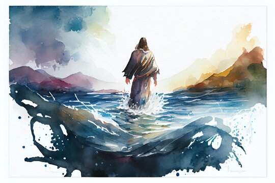 Watercolor Illustration of a Jesus Christ Walking On Water On The Sea Of Galilee. Generative AI