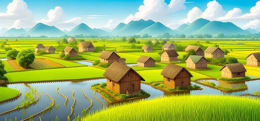 a village with rice fields, Vector. created with the help of artificial intelligence