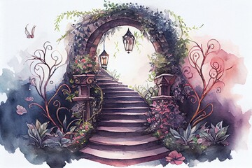 Watercolor Illustration of a Magic Fairytale Garden With Arch And Stairs. Generative AI - obrazy, fototapety, plakaty