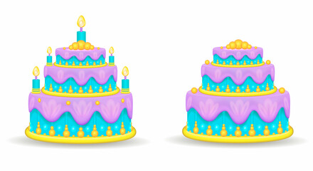 Children's birthday cake with icing and candles.
 Birthday cake, icon.
