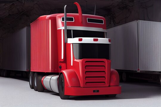 Big Red Semi Tractor Trailer  Room For Copy. Generative AI