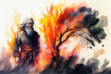 Watercolor Illustration of a Moses And The Burning Bush Artistic Impression. Generative AI