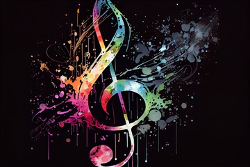 Watercolor Illustration of a Music Stave And Treble Clef Colorful Splash Illustration On Black Background, Horizontal Banner With Copy Space. Generative AI