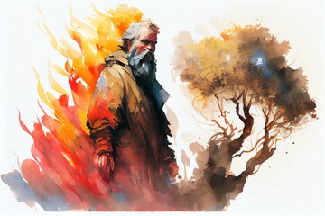 Watercolor Illustration of a Moses And The Burning Bush Artistic Impression. Generative AI