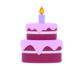 3D Multi layered chocolate cake Birthday cake one burning candle anniversary celebration Sweet icing delicious treat festive holiday gift congrats 3d icon rendering illustration