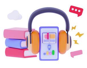 3d icon audio Headphones listening audiobook Smart learning audio lesson Online library, education Podcast concept Books library online Headset Microphone Realistic 3D rendering illustration