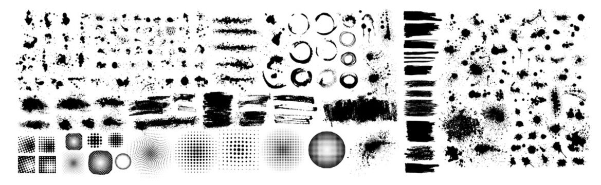 Big set of blots and vector abstract elements. Black inked splatter dirt stain splattered spray splash with drops blots isolated. Ink splashes stencil. Drops blots isolated.
