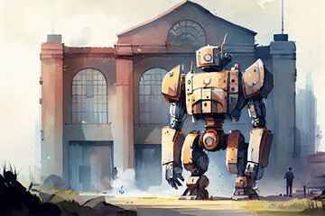 Watercolor Illustration of a The Robot Standing In Front Of The Old Factory, Digital Art Style. Generative AI
