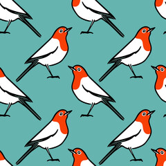 Vector seamless pattern with hand drawn cute robins. Ink drawing, beautiful animal design elements. Perfect for prints and patterns