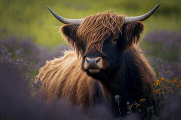 Highland cow portrait in spring .Created with generative ai - 581572565