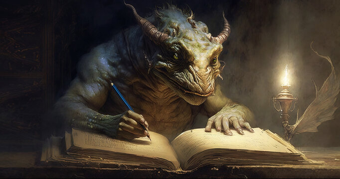 Marginalia beast with a pen writing in a fantasy book by candle light. 